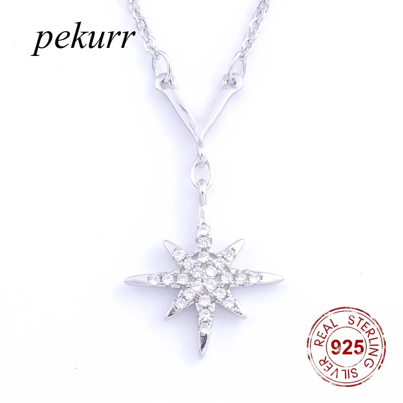 925 Silver V Branch Strip & CZ Anise Star Long Necklace