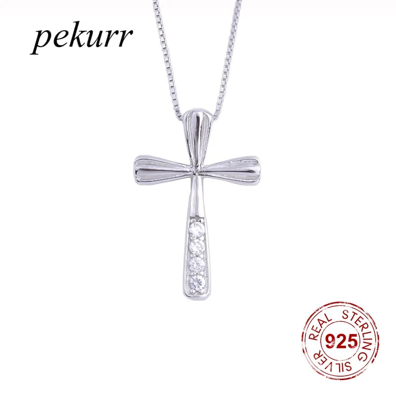 925 Silver Wave Surface Zircon Big Cross Female Pendant with Long Chain