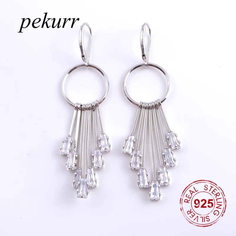 925 Silver Zircon Long Strip Curtain Drop Earrings For Women