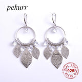925 Silver Zircon Round Hoop Goldfish Drop Earrings Leaf Dangle Earring