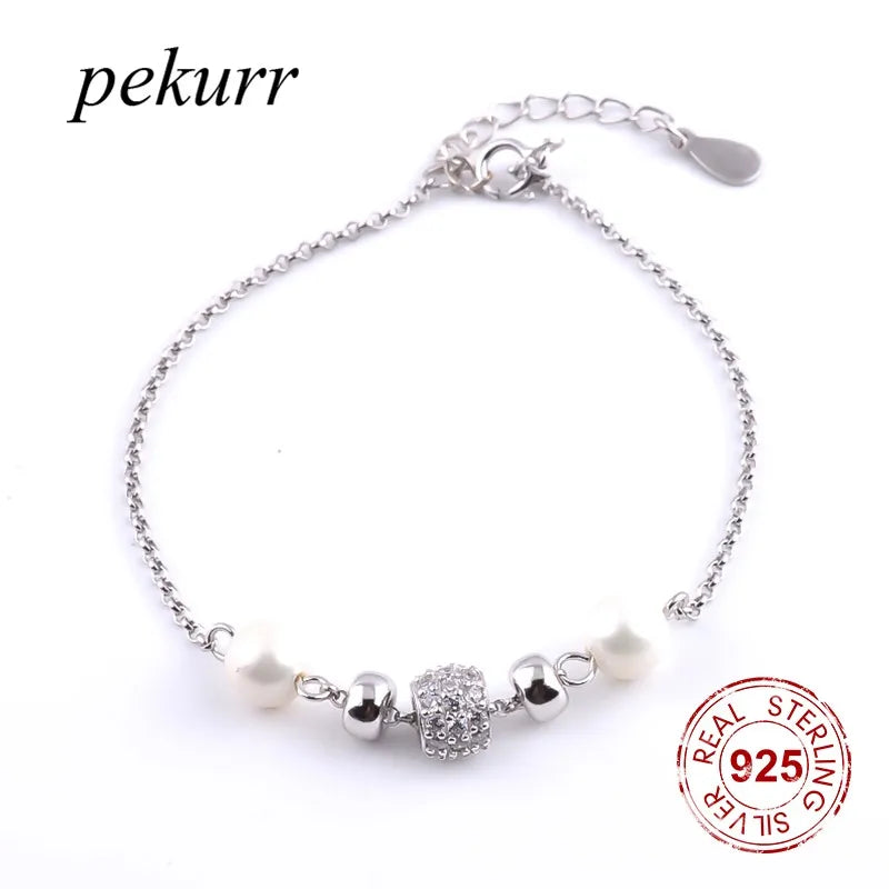 925 Silver Zircon Round Wheel Pearl Bracelet For Women
