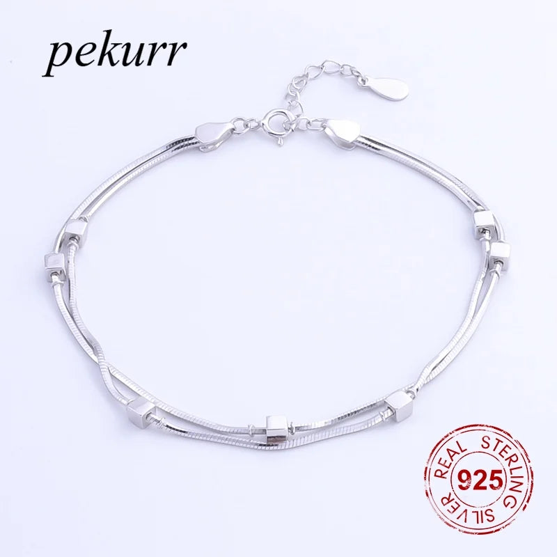 925 Sterling Silver Chain Box Cube Charms Bracelets Women Fine Jewelry
