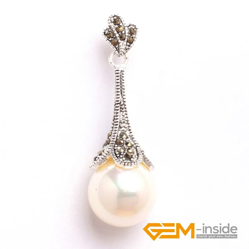 16mm Round Shell Pearl Beads & Marcasite Tibetan Silver Classical Pendant