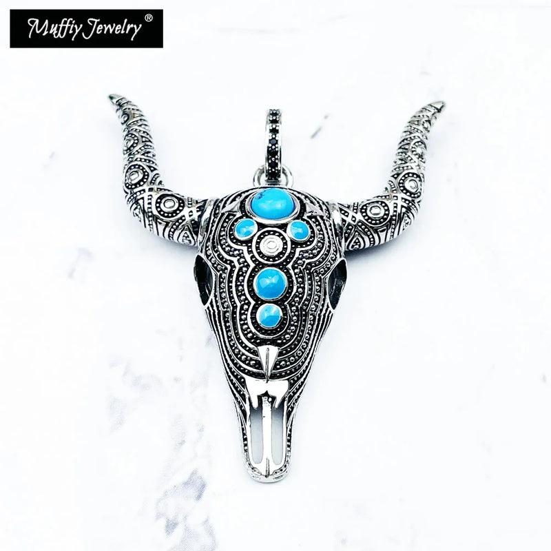 Bull Head 925 Silver Pendant Turquoise Jewelry Vintage Ethnic Gift