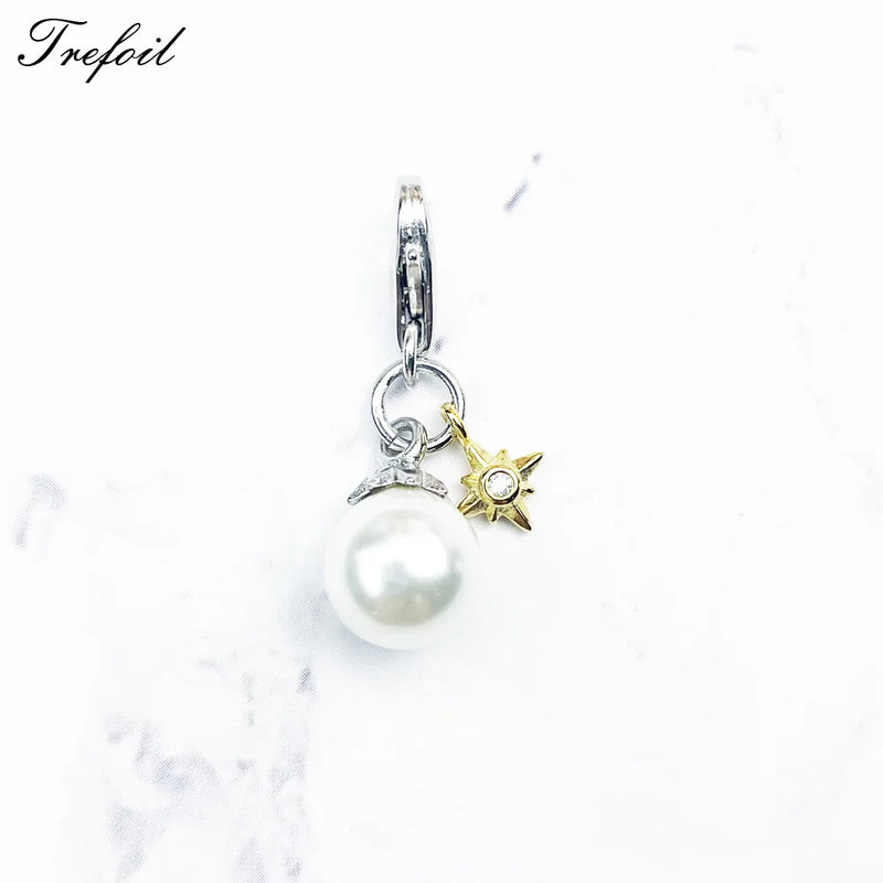Pearl Pendant Charm Golden Star 925 Silver Jewelry Fit Bracelet Necklace