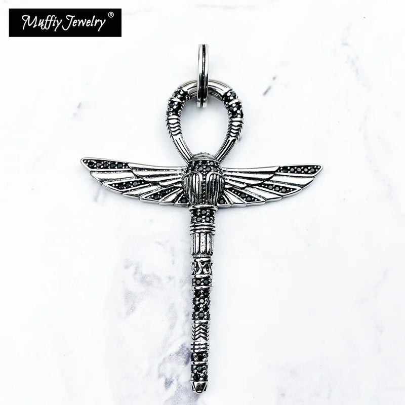 Ankh Cross of Life Pendant with Scarab 925 Sterling Silver Zirconia