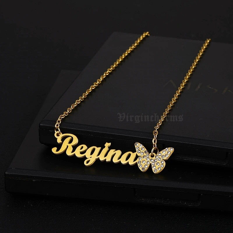 Vintage Butterfly Name Necklace Personalized Stainless Steel Jewelry