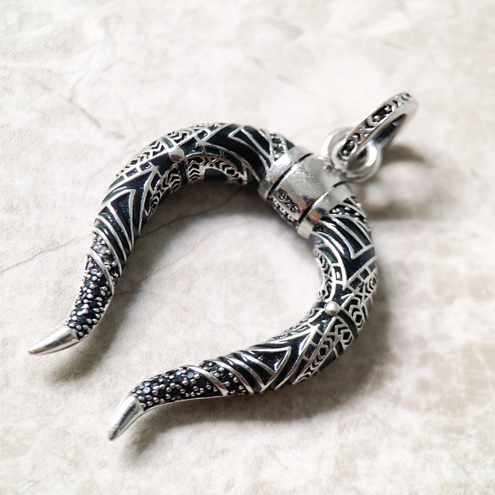 Dragon Horn Pendant Necklace 925 Sterling Silver Vintage Jewelry Gift