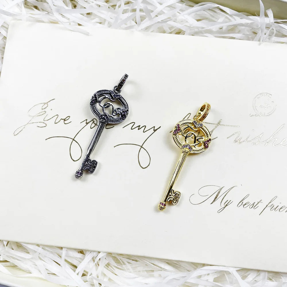 Key Pendant 925 Silver Golden Colorful Stones Fine Women Jewelry
