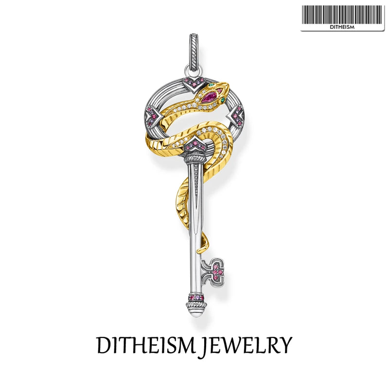 Pendant Key With Golden Snake 925 Sterling Silver Fit Necklace Summer