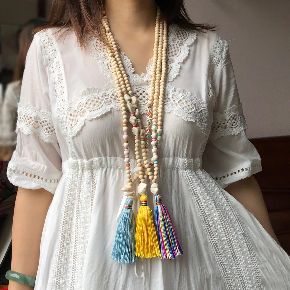 Boho Turquoise Shell Tassel Pendant Necklace for Women