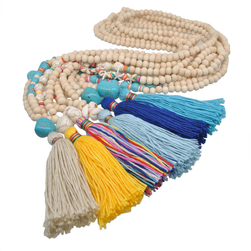 Boho Turquoise Shell Tassel Pendant Necklace for Women