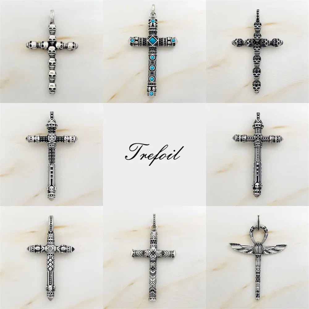 925 Sterling Silver Pharaoh Scarab Skull Cross Pendant Necklace Jewelry