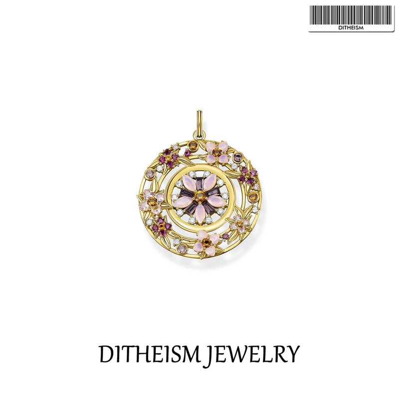 Pendant Wreath Flowers Amulet in 925 Sterling Silver Fine Jewelry