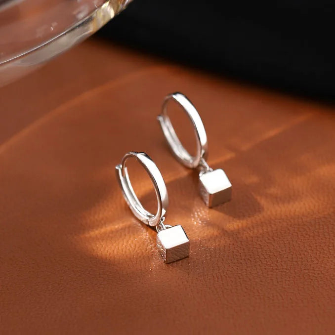 925 Sterling Silver Square Drop Earrings Hoop Style