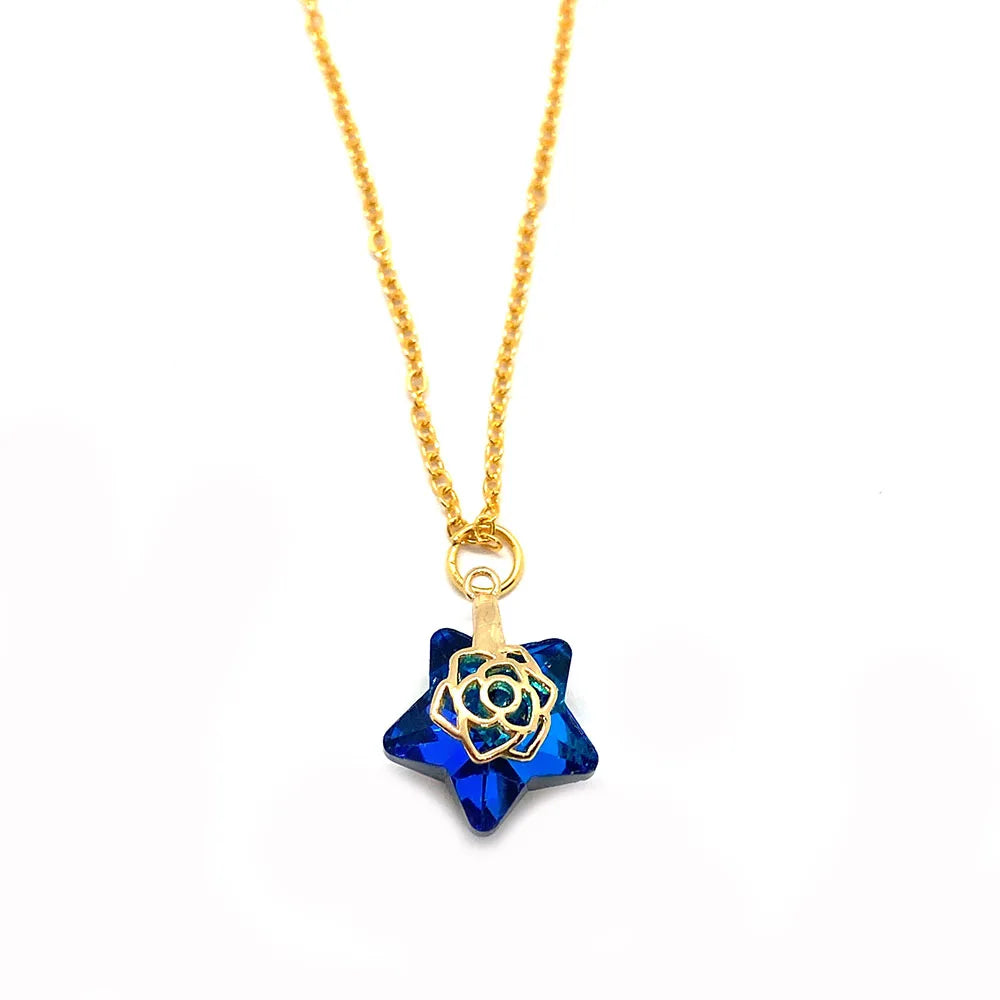 Pentagram Crystal Pendant Necklace Gradient Glass Hollow Rose Charm Jewelry