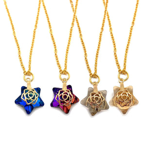 Pentagram Crystal Pendant Necklace Gradient Glass Hollow Rose Charm Jewelry