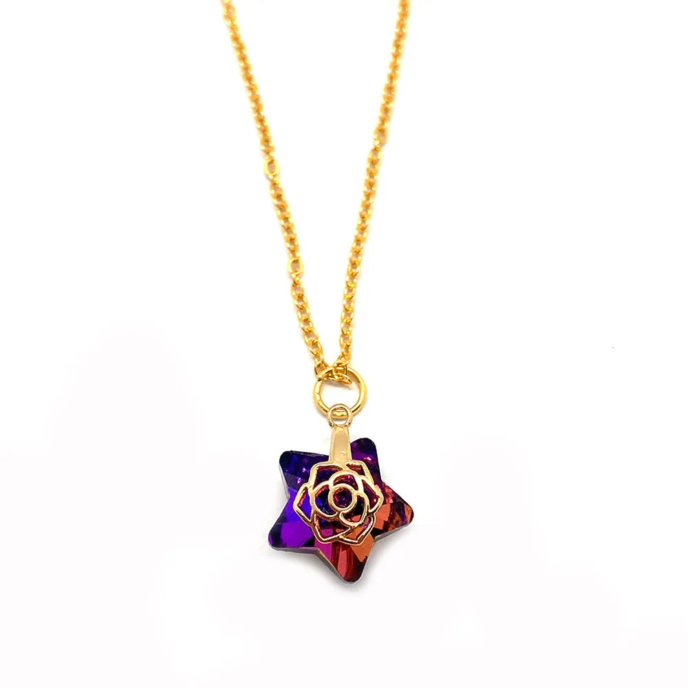 Pentagram Crystal Pendant Necklace Gradient Glass Hollow Rose Charm Jewelry