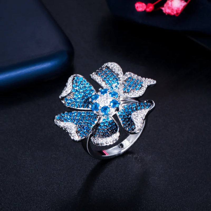 Pera Flower CZ Wedding Party Adjustable Fidget Ring R175