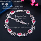 Pera Red CZ Crystal Flower Link Chain Bridal Hand Bracelet