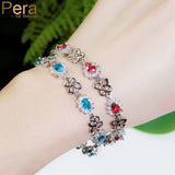 Pera Red CZ Crystal Flower Link Chain Bridal Hand Bracelet