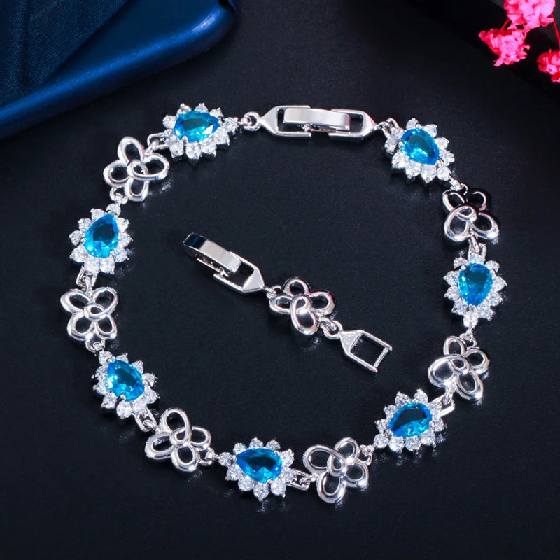 Pera Red CZ Crystal Flower Link Chain Bridal Hand Bracelet