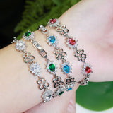 Pera Red CZ Crystal Flower Link Chain Bridal Hand Bracelet
