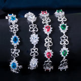 Pera Red CZ Crystal Flower Link Chain Bridal Hand Bracelet