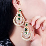 Bold Dark Green CZ Long Drop Bridal Earrings