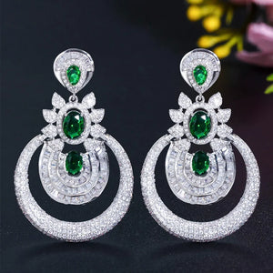 Bold Dark Green CZ Long Drop Bridal Earrings