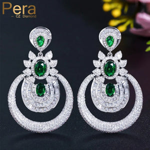 Bold Dark Green CZ Long Drop Bridal Earrings