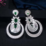 Bold Dark Green CZ Long Drop Bridal Earrings