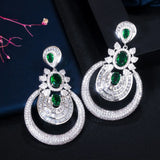 Bold Dark Green CZ Long Drop Bridal Earrings