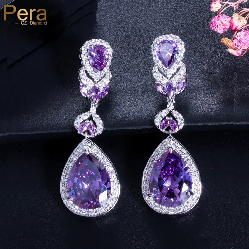 Purple CZ Stone Silver Dangle Earrings