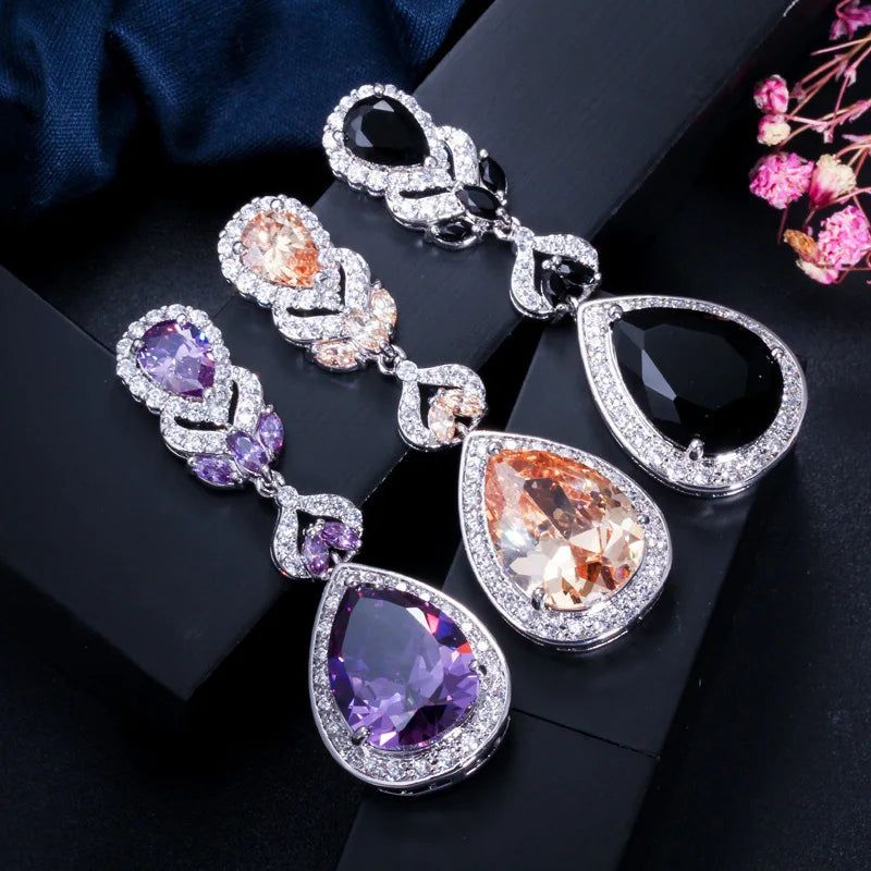 Purple CZ Stone Silver Dangle Earrings