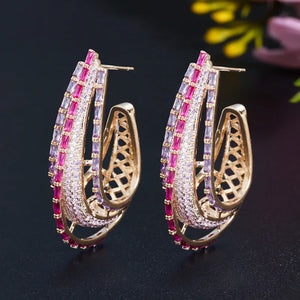 Pera Chunky Red Purple CZ Dubai Hoop Earring for Brides Wedding