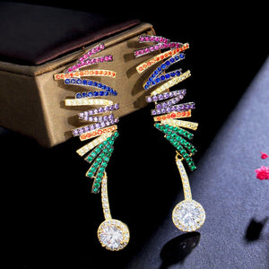 Pera Long Multicolor Wave Lines CZ Stone Dangle Oval Drop Earring for Women