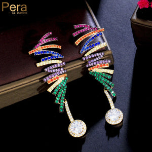 Pera Long Multicolor Wave Lines CZ Stone Dangle Oval Drop Earring for Women