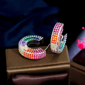Colorful Rainbow CZ Half Circle Hoop Earrings for Women