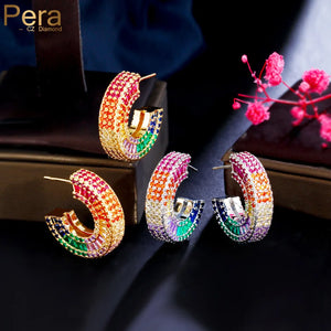 Colorful Rainbow CZ Half Circle Hoop Earrings for Women