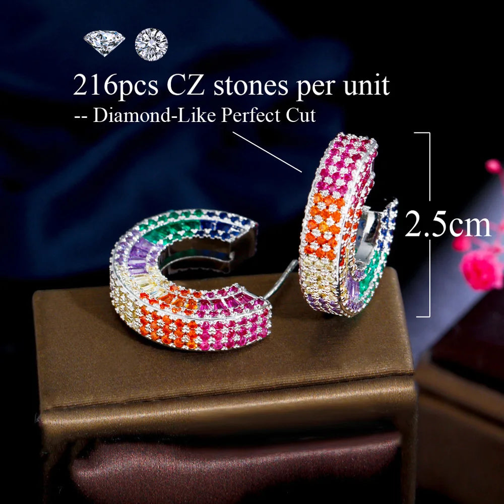Colorful Rainbow CZ Half Circle Hoop Earrings for Women