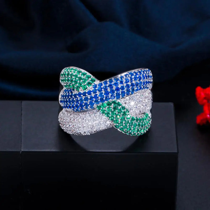 Pera Green CZ Crystal Engagement Cross Resizable Finger Rings for Women