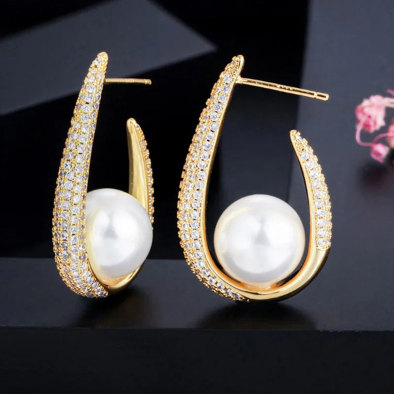 Pera Pearl Cubic Zircon Long Drop Earring Yellow Circle for Party E393