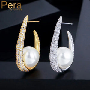 Pera Pearl Cubic Zircon Long Drop Earring Yellow Circle for Party E393