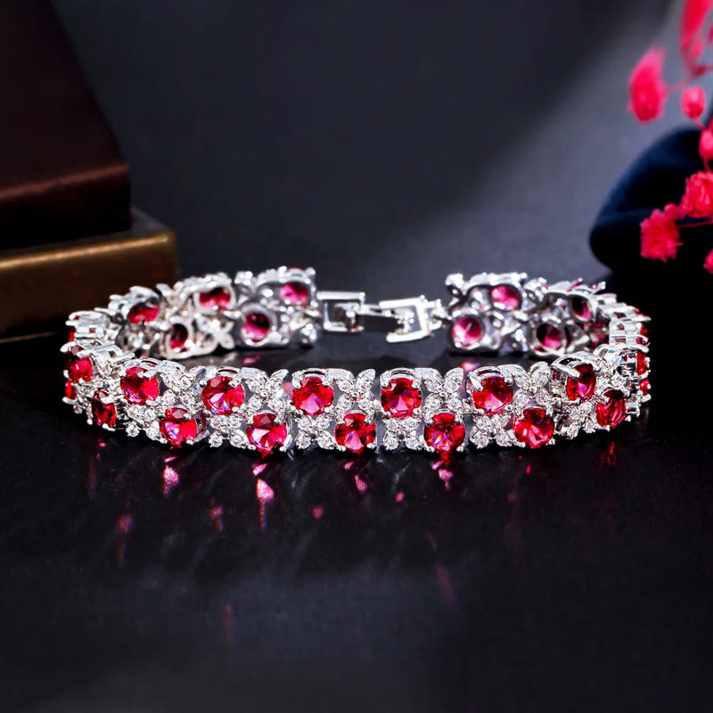 Pera Leaf & Oval Chain Link Silver Red Green Cubic Zirconia Bracelet