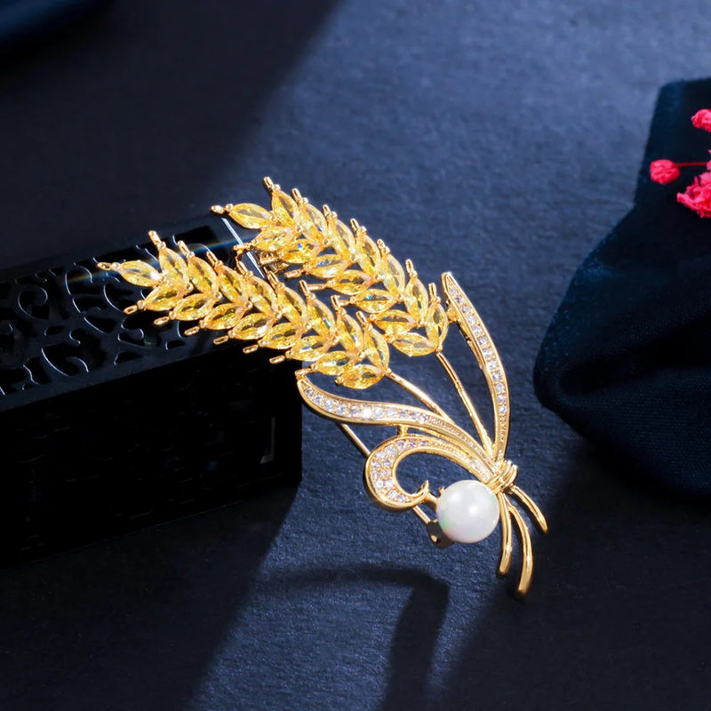 Pera Wheat Ears Brooches Yellow CZ Zirconia Pearl Broochpins
