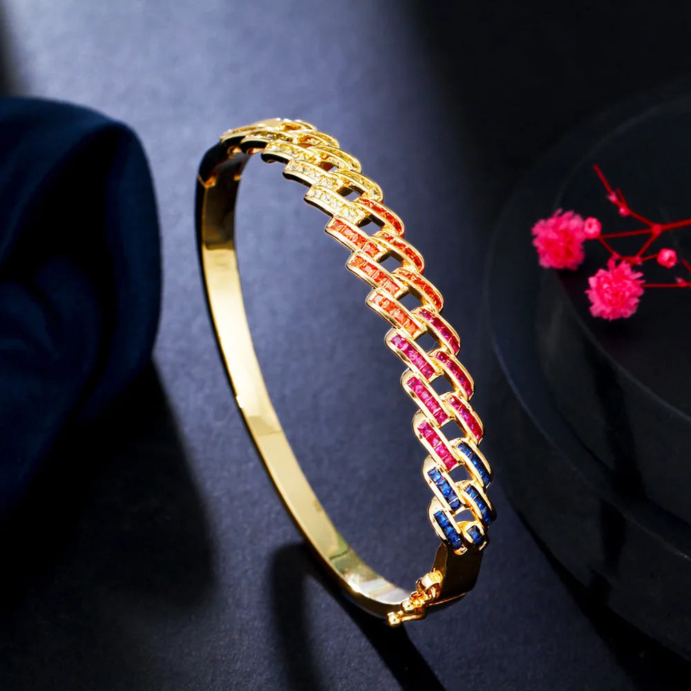 Colorful Cubic Zircon Big Banquet Bangles with Safety Clasp
