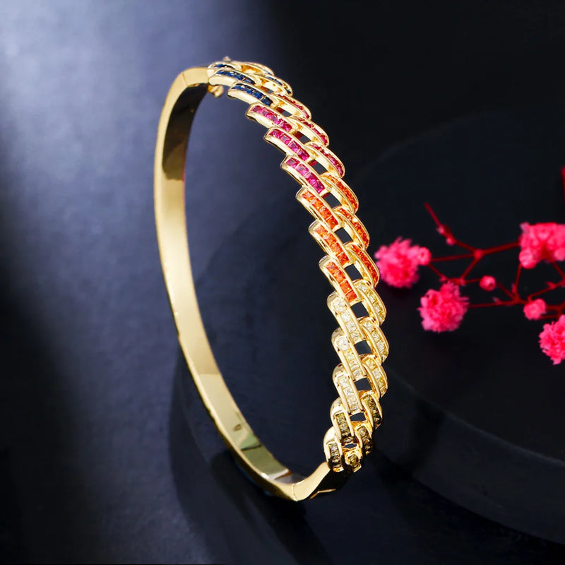 Colorful Cubic Zircon Big Banquet Bangles with Safety Clasp