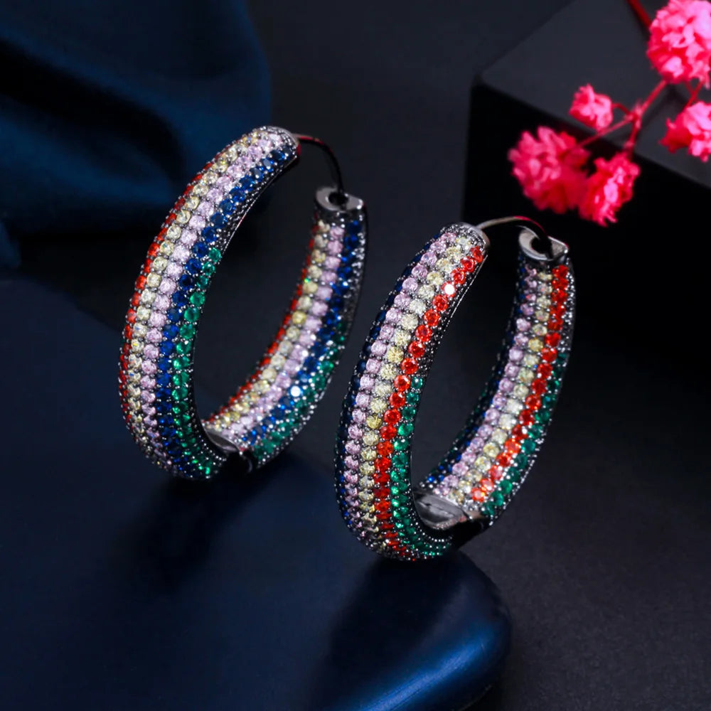 Pera Exclusive Multicolor CZ Stone Paved Circle Hoop Earrings for Ladies
