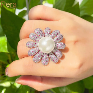 Large Pearl Flower Adjustable Open Ring